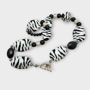 Zebra Print Beaded Statement Necklace – Black & White - Safari Boho